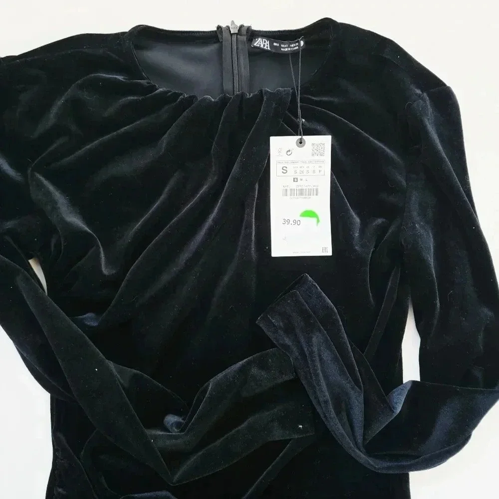 Zara Velour Ruched Midi Dress Womens Small Black NWT Asymmetrical Long Sleeve